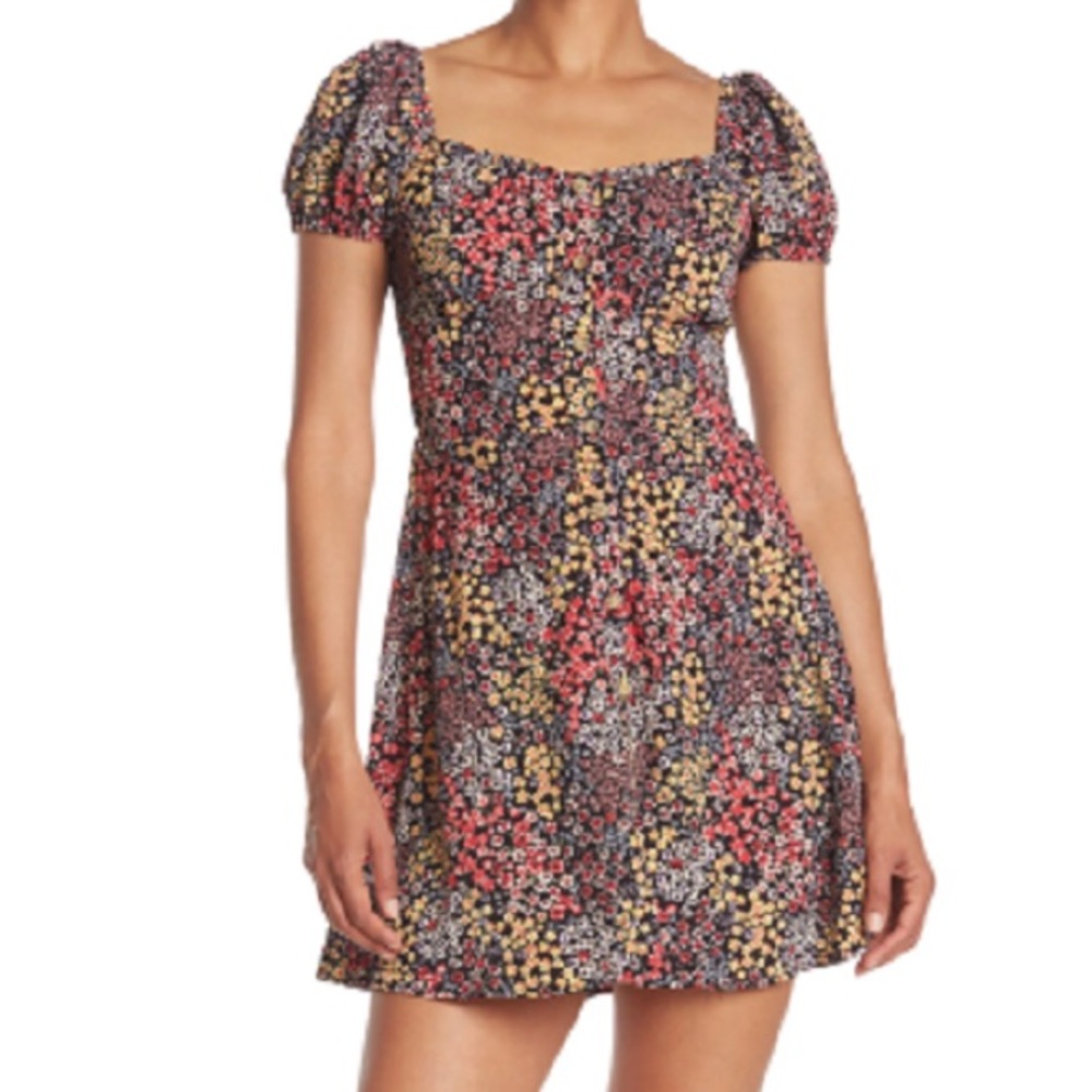 Bailey Blue Mini Dress Womens XL Black Pink Floral Print Emma Puff Sleeve A-line